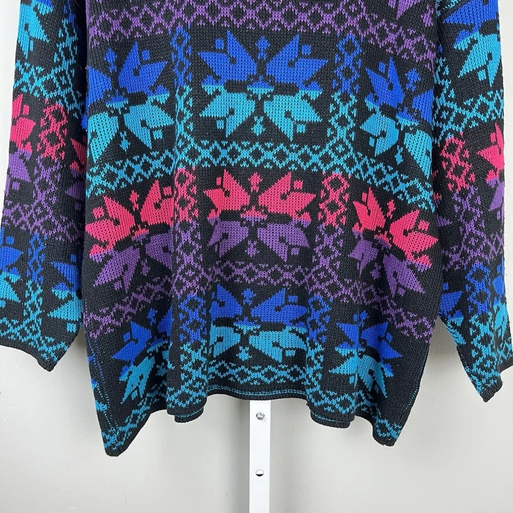 Vintage Classic Essentials‎ Snowflake Ski Sweater Womens XL Black Purple Teal